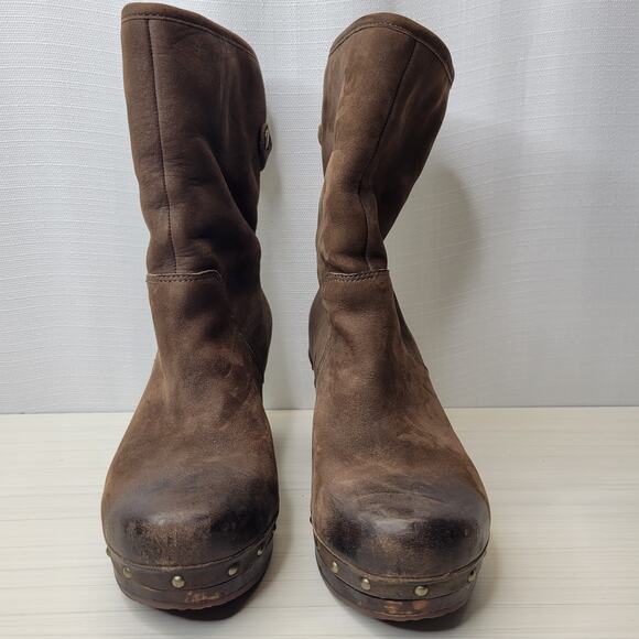 UGG Lynnea Brown Leather Clog Sole Shearling Lined Boot w/ Fold Option, 6 - Picture 3 of 16